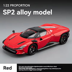 Red SP2 alloy model car on a gray background with text indicating proportion and features.