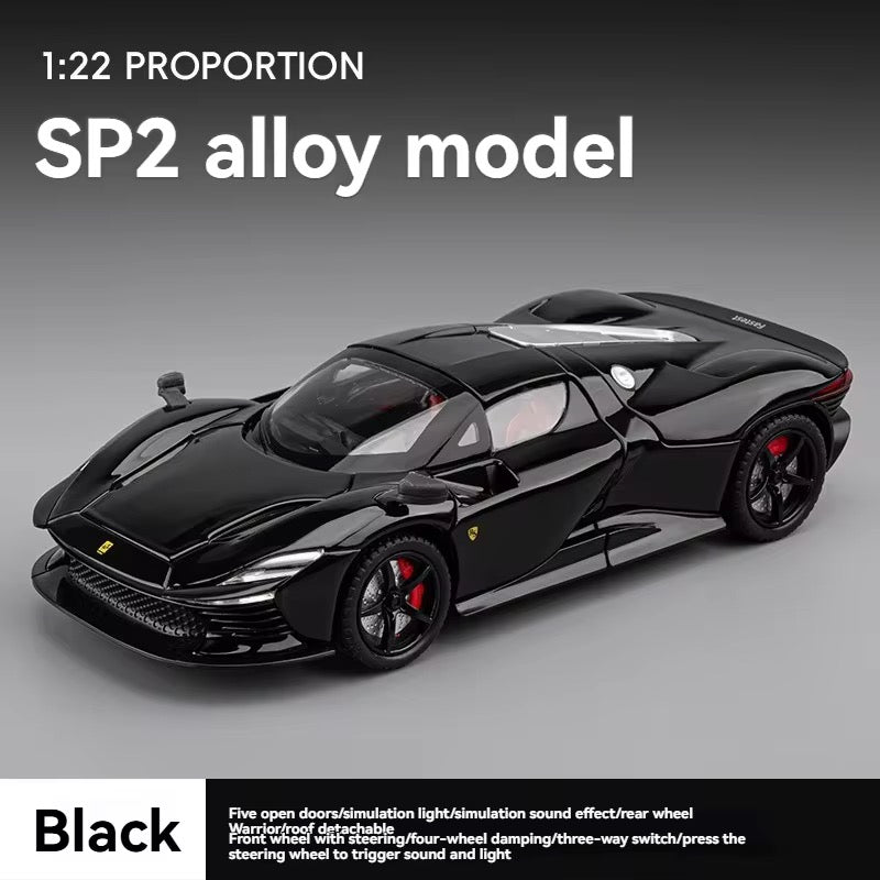 Black SP2 alloy model car on a gray background with text indicating proportion and features.