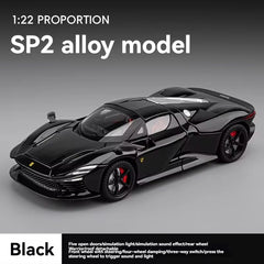 Black SP2 alloy model car on a gray background with text indicating proportion and features.