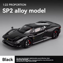Black SP2 alloy model car on a gray background with text indicating proportion and features.