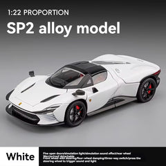 White SP2 alloy model car on a gray background with text indicating proportion and color.