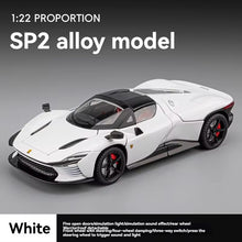 White SP2 alloy model car on a gray background with text indicating proportion and color.